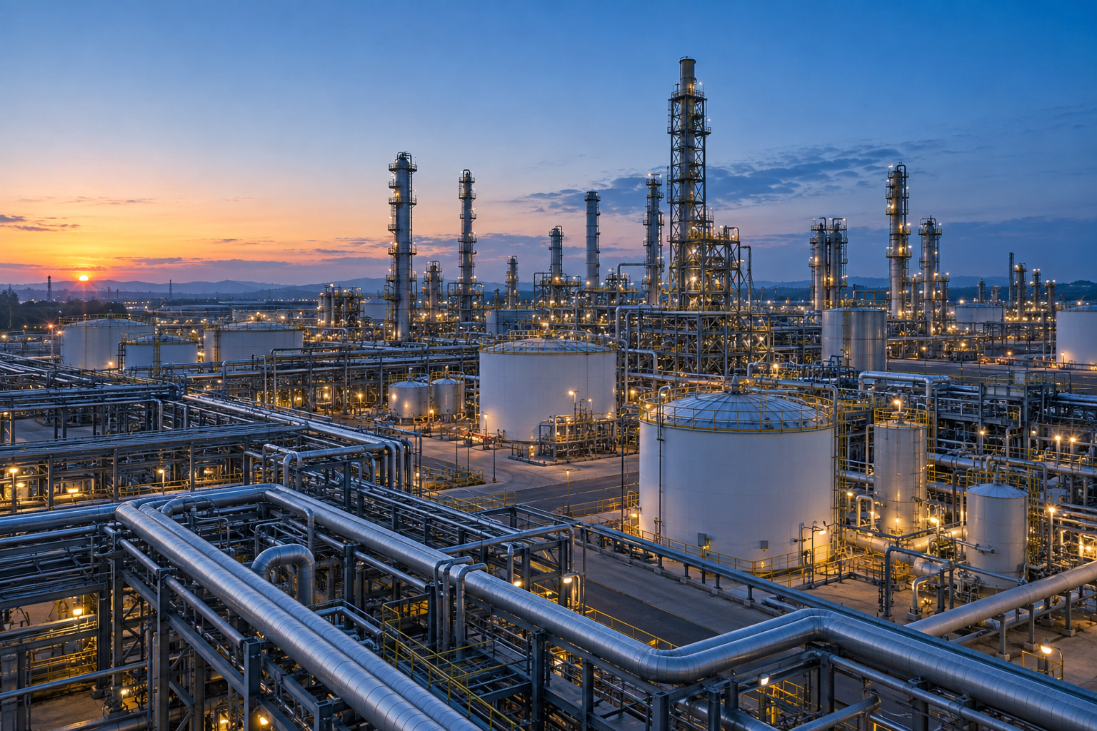 Industrial chemical processing facility with steel towers and pipelines